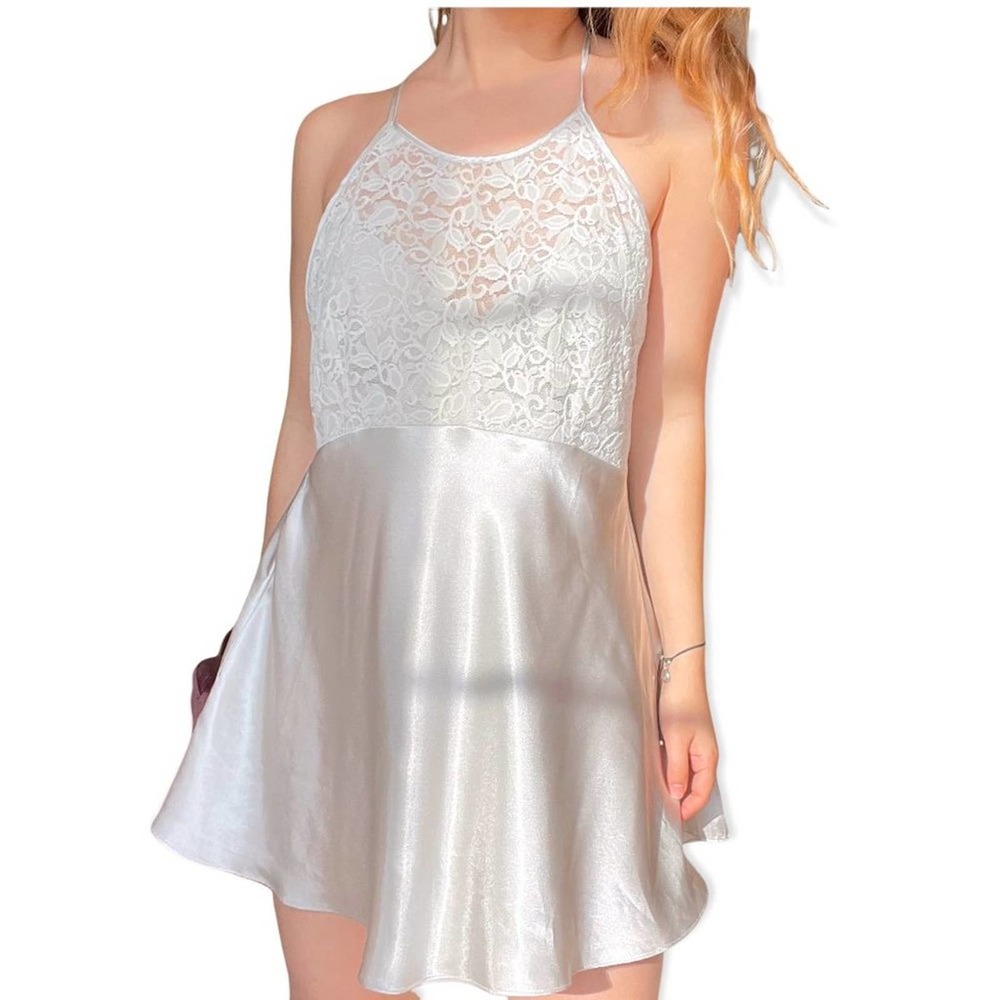 Vintage 90s Delicates Silver Lace Criss Cross Back Detail Mini Slip